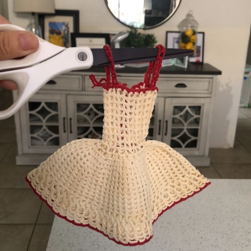 Vintage 50’s doll/kitchen hand crocheted red and cream dress